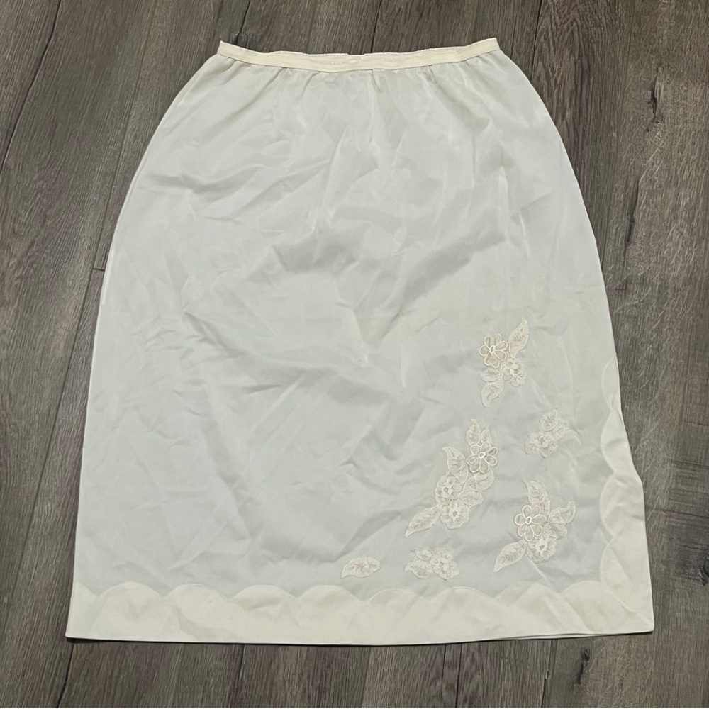 vintage sheer cream slip skirt with side slit and floral details